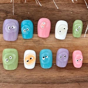 Kawaii Cartoon Monster Press-On Nails: Colorful Handmade Reusable Nail Set