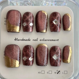 Handmade Burgundy Glitter Press-On Nails: Gold Foil & Crystal Accents