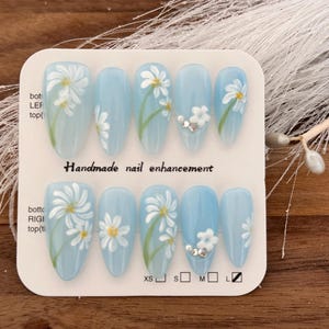 Blue Daisy Press On Nails – Hand Painted Floral Nail Art, Elegant Spring Summer Nails with Rhinestones, Long Glossy Fake Nails