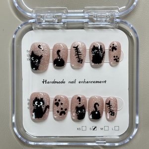 Black Cat Glitter Press-On Nails | Cute Handmade Cartoon Cat Nail Set | Reusable False Nails for Cat Lovers