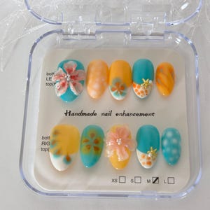 Tropical Beach Press-On Nails – Handmade Summer 3D Flower & Starfish Design | Bright Yellow Turquoise Ocean Nails