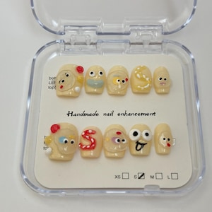 Uñas postizas con caras adorables: emojis 3D / Uñas cuadradas cortas y divertidas hechas a mano / Arte de uñas kawaii reutilizable