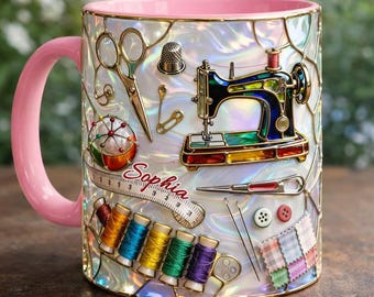 Mug personnalisé couture nom personnalisé cadeau couturière cadeau effet gonflé 3D irisé couturière tasse à café quilter cadeau pour grand-mère maman Sophia