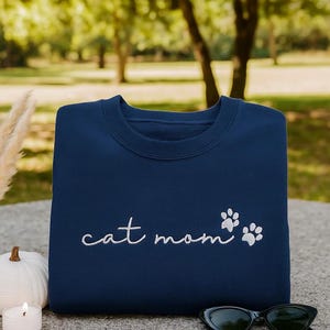 Cat Mom Embroidered Shirt, Minimalist Cat Lover Sweatshirt Hoodie T-Shirt with Paw Print, Cute Pet Mom Gift for Women