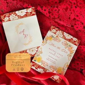 Rot & Gold Pfingstrose Save the Date | Chinesische Hochzeit Digitale Vorlage