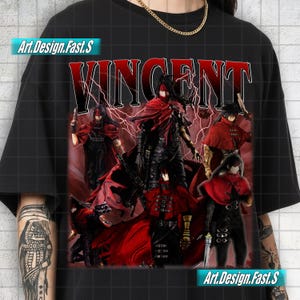 May include: A black short-sleeve t-shirt featuring a graphic print of the character Vincent Valentine in various poses. The design includes red lightning effects, the text VINCENT in a bold font, and the text Art.Design.Fast.S in the corners.