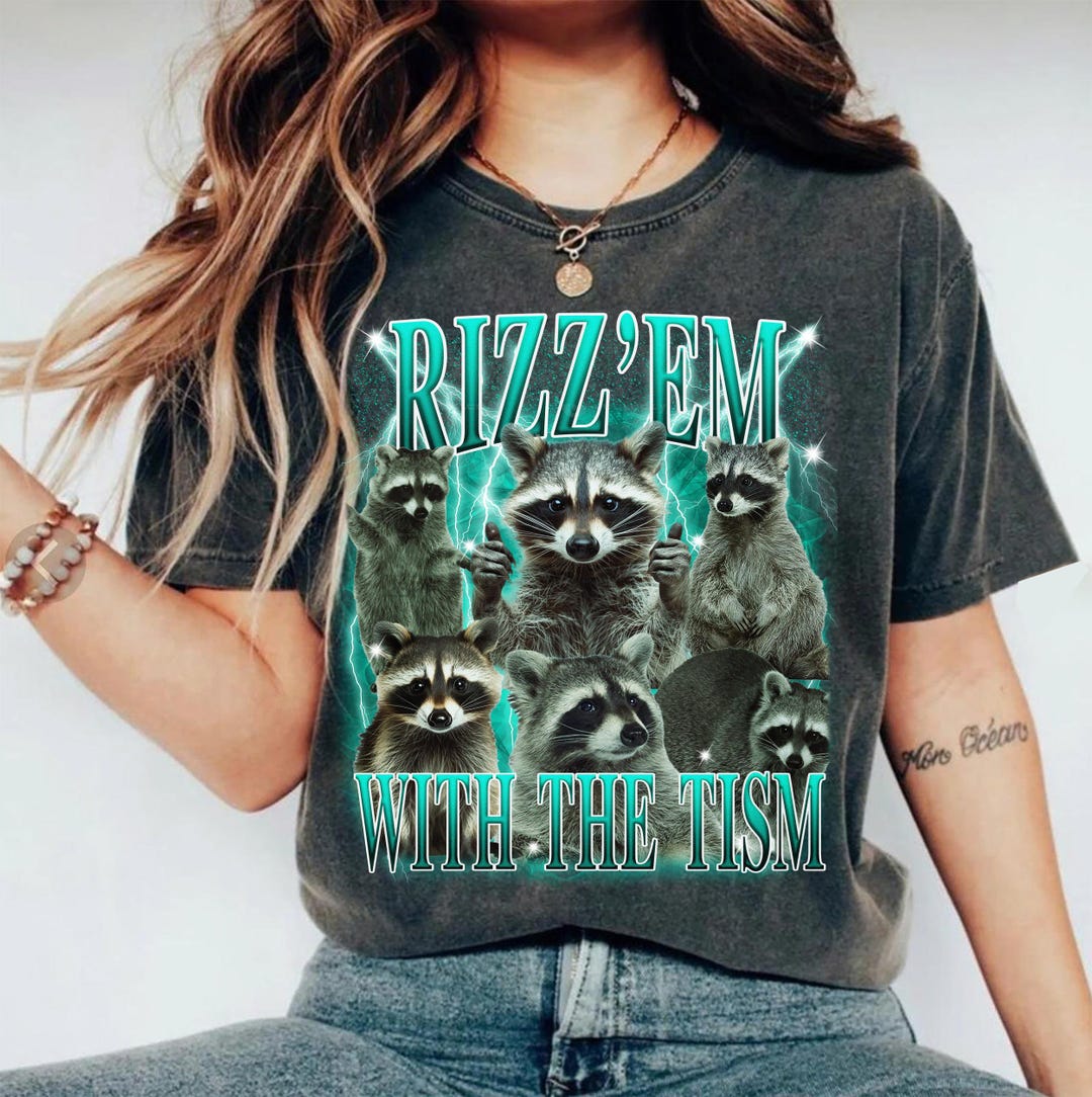 Rizz Em With the Tism Vintage Shirt • Retro 90s Funny Raccoon Graphic ...