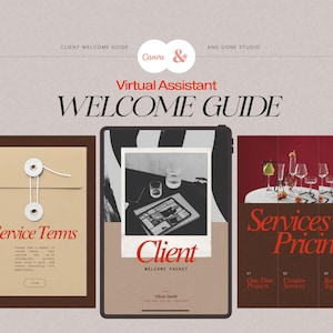 May include: A digital welcome guide for a virtual assistant, featuring a Canva logo and the text "Virtual Assistant Welcome Guide." The design includes a tan envelope, a tablet with a photo, and a brochure with "Services Pricing."