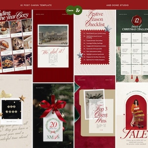 Puede incluir: Una colecci&oacute;n de plantillas digitales para redes sociales con dise&ntilde;os tem&aacute;ticos navide&ntilde;os, incluyendo listas, cuentas regresivas y dise&ntilde;os promocionales en tonos rojo, verde y crema, con estrellas decorativas y tipograf&iacute;a festiva.