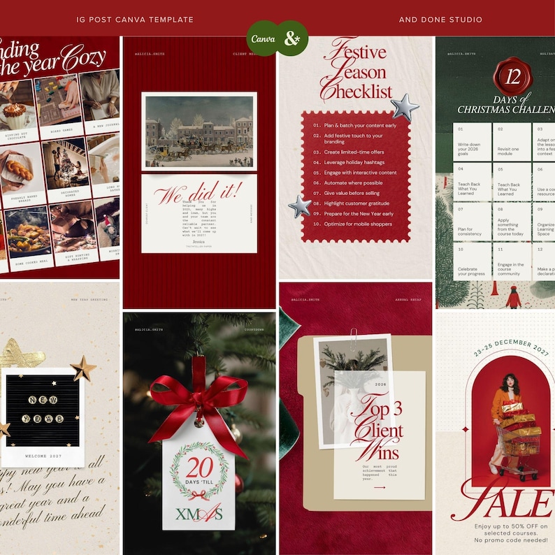 Puede incluir: Una colecci&oacute;n de plantillas digitales para redes sociales con dise&ntilde;os tem&aacute;ticos navide&ntilde;os, incluyendo listas, cuentas regresivas y dise&ntilde;os promocionales en tonos rojo, verde y crema, con estrellas decorativas y tipograf&iacute;a festiva.