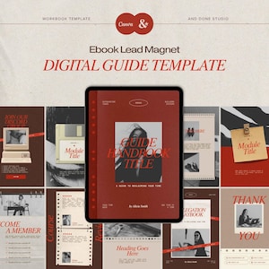 Puede incluir: Una plantilla de guía digital para un ebook lead magnet mostrada en una pantalla de tableta, rodeada de varios diseños de página en tonos rojos y beige con tipografía e imágenes, con el texto Guide Handbook Title claramente visible.
