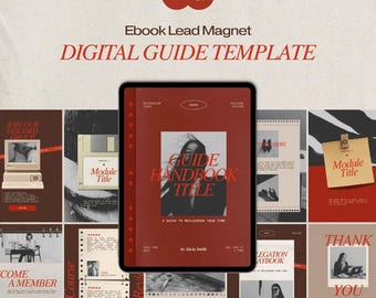 May include: A digital guide template for an ebook lead magnet displayed on a tablet screen, surrounded by various page layouts featuring red and beige color schemes, typography, and imagery, with the text Guide Handbook Title clearly visible.