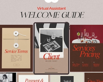 Modello di pacchetto di benvenuto per assistente virtuale per il kit di onboarding del cliente, pacchetto iniziale VA, modello di ebook aziendale Canva, guida di benvenuto per i nuovi clienti