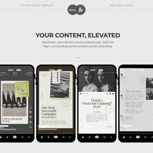 May include: A digital marketing template with the Canva and Done Studio logos. The design features four smartphone screens displaying content layouts. Text includes "Your Content, Elevated" and "Content Repurposing Strategy."