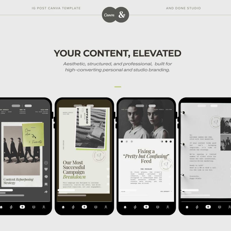 May include: A digital marketing template with the Canva and Done Studio logos. The design features four smartphone screens displaying content layouts. Text includes "Your Content, Elevated" and "Content Repurposing Strategy."