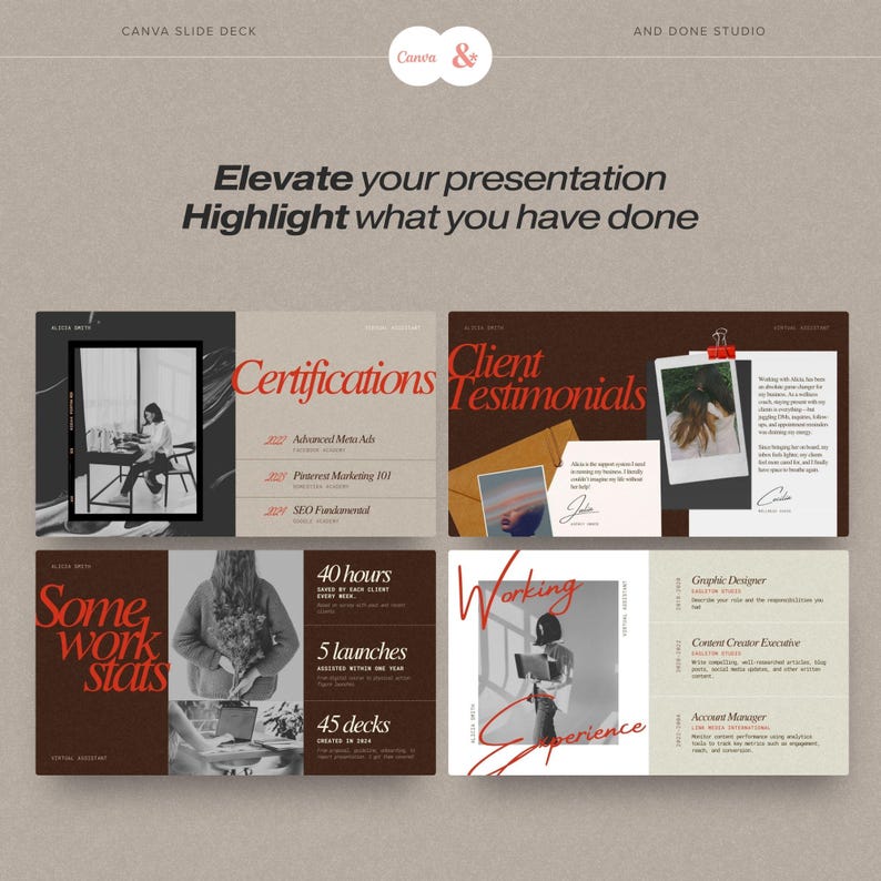 Presentazione in Canva per assistenti virtuali, modello di presentazione per il personal branding, proposta di slide editoriale audace per consulente creativo. immagine 8