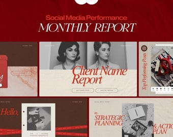 Modello Canva per report sui social media, presentazione di analisi di marketing digitale, report mensile sulle prestazioni di Instagram per i clienti.