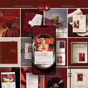 Modèle Canva bordeaux pour Instagram, idéal pour les gestionnaires de réseaux sociaux : pack de publications éditoriales modernes et élégantes.