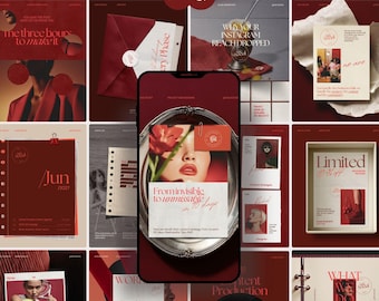 Burgunderrote Instagram-Canva-Vorlage für Social-Media-Manager, modernes redaktionelles Beitragspaket, elegante und stilvolle Instagram-Post-Ästhetik, F1 VA