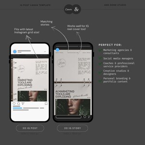 Puede incluir: Un conjunto de plantillas digitales de Canva para publicaciones e historias de Instagram con fondo gris oscuro. El dise&ntilde;o muestra dos maquetas de tel&eacute;fonos inteligentes con un estilo de archivador y el texto AI MARKETING TOOLS ARE EXPLODING.