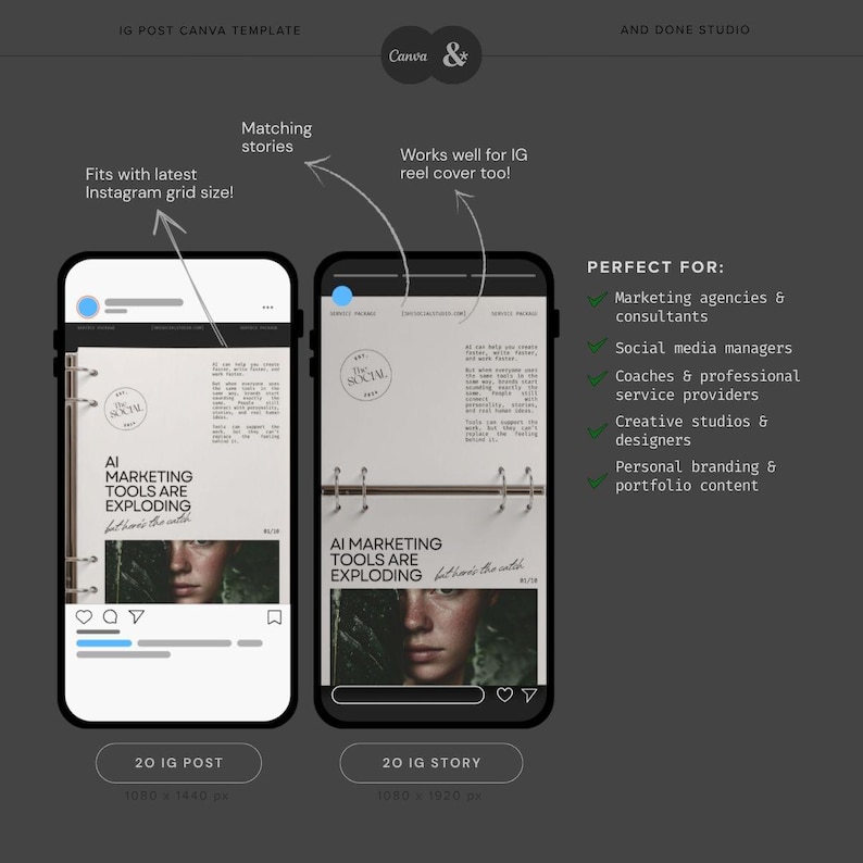Puede incluir: Un conjunto de plantillas digitales de Canva para publicaciones e historias de Instagram con fondo gris oscuro. El dise&ntilde;o muestra dos maquetas de tel&eacute;fonos inteligentes con un estilo de archivador y el texto AI MARKETING TOOLS ARE EXPLODING.