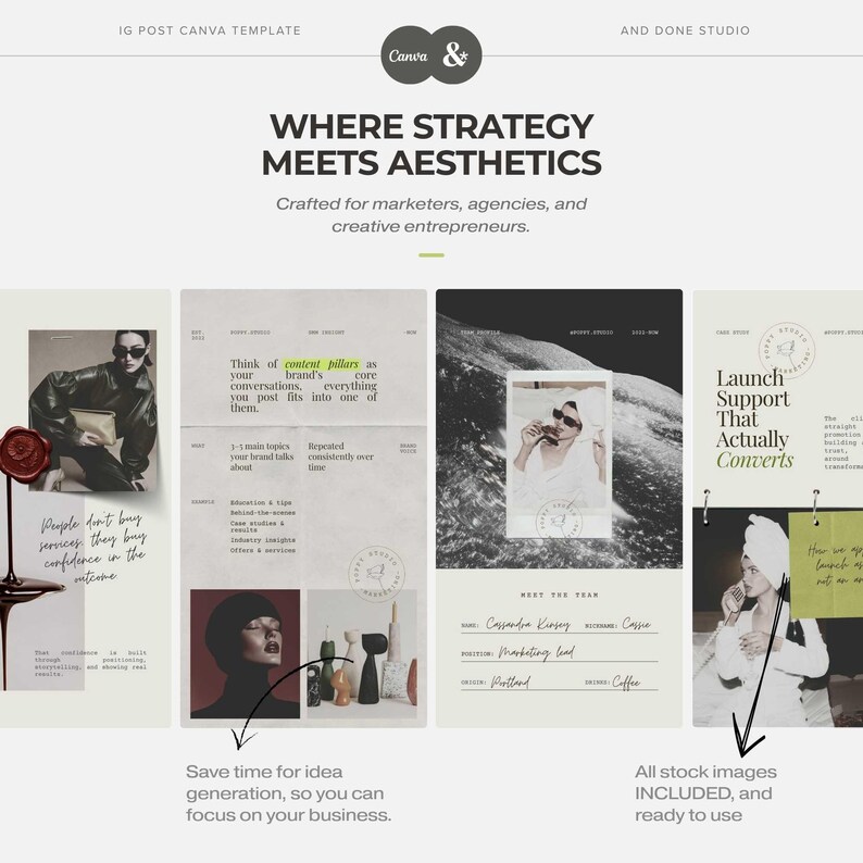 May include: A Canva template design with the text "WHERE STRATEGY MEETS AESTHETICS." The design includes sample layouts with images and text, including the phrases "content pillars" and "Launch Support That Actually Converts."
