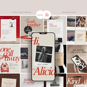 May include: A collection of Instagram post templates with a neutral color palette. The templates feature text such as "Let's work together," "Virtual Assistant," and "Ads running while you're offline." The Canva & Done Studio logo is also visible.