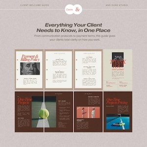May include: A digital client welcome guide template featuring multiple pages with text headers including Payment & Billing Policy, One-Time Projects, and Thank You. The layout incorporates dark brown and cream backgrounds with red typography and tennis-themed imagery.