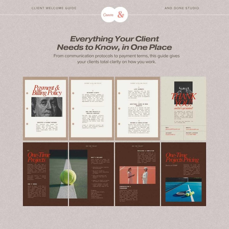 May include: A digital client welcome guide template featuring multiple pages with text headers including Payment & Billing Policy, One-Time Projects, and Thank You. The layout incorporates dark brown and cream backgrounds with red typography and tennis-themed imagery.
