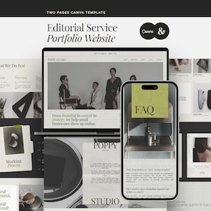 May include: A two-page Canva template for an editorial service portfolio website. The design features a laptop screen displaying a Poppy Studio homepage and a smartphone screen showing an FAQ section with a yellow note, set against a dark background.