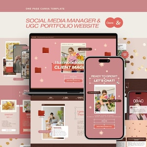 May include: A digital Canva template for a social media manager and UGC portfolio website. The design features a pink and brown color scheme with laptop and smartphone mockups displaying text like "I turn your feed into client magic" and "Ready to grow? Let's chat!" with various UI elements.