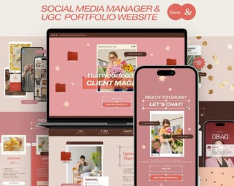 Social Media Manager iOS Core Portfolio Website Canva Template, SMM Digital Service & Pricing Guide, UGC Portfolio Template Pink Aesthetic