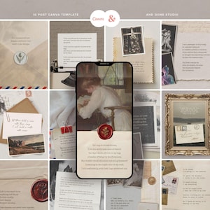 Modelo de Instagram para Poesia Acadêmica Leve para Escritores, Citações Editáveis no Canva com Trechos de Livros Vintage, Kit de Mídias Sociais para Marketing de Autores