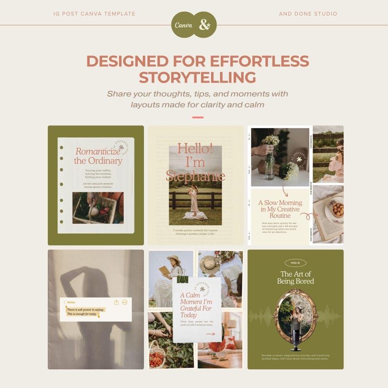 Peut inclure: Mod&egrave;le Canva pour publications Instagram, avec un fond beige clair et des exemples de mises en page. Le texte comprend "Designed for Effortless Storytelling" et "A Calm Moment I'm Grateful For Today." Le design utilise des tons verts et beiges.
