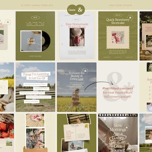 Peut inclure: Une collection de mod&egrave;les de publications Instagram avec une palette de couleurs douces et sourdes. Les mod&egrave;les pr&eacute;sentent du texte et des images li&eacute;es &agrave; des recettes, aux soins personnels et &agrave; des citations inspirantes. Les logos Canva et Done Studio sont visibles.