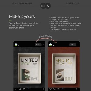 Puede incluir: Una plantilla digital de Canva para publicaciones de Instagram de And Done Studio. El dise&ntilde;o gris oscuro incluye instrucciones de edici&oacute;n como "Make it yours" y muestra dos ejemplos editables de publicaciones con recuadros que contienen texto e im&aacute;genes.