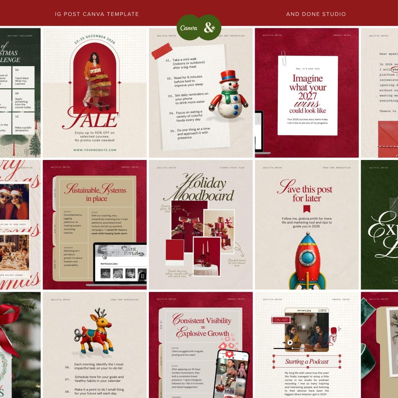 Puede incluir: Una colecci&oacute;n digital de plantillas para publicaciones de Instagram con tem&aacute;tica festiva en paletas de colores rojo, verde y crema. Los dise&ntilde;os incluyen texto, elementos gr&aacute;ficos como un mu&ntilde;eco de nieve, un cohete y un reno.