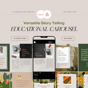 Könnte beinhalten: Eine digitale Marketingvorlage mit dem Text "Versatile Story Telling EDUCATIONAL CAROUSEL". Das Design umfasst eine Smartphone-Grafik, das Canva-Logo und verschiedene Folien für das Lernkarussell. Die Vorlage bietet 10 Vorlagen und 60 Seiten.