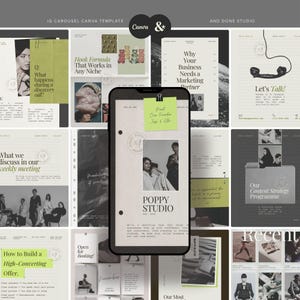 Peut inclure: Un modèle de carrousel Instagram Canva avec un design axé sur le marketing. L'image présente un téléphone affichant une page Poppy Studio, entouré de diapositives liées au marketing. La palette de couleurs est neutre avec des touches de vert et de noir. Le texte comprend "Parlons-en !" et "Comment créer une offre à fort taux de conversion".