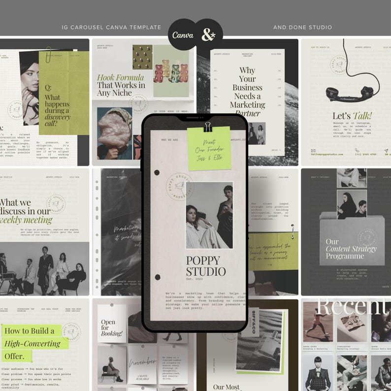 May include: A digital marketing template for Instagram carousels. The design features a phone displaying a Poppy Studio page, surrounded by various marketing-related slides. The color palette is neutral with accents of green and black, and includes text such as "Let's Talk!" and "How to Build a High-Converting Offer."
