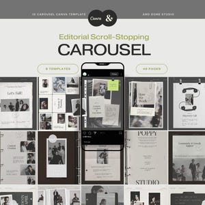Pode incluir: Um conjunto de modelos Canva para carrosséis do Instagram com 8 modelos e 48 páginas. O design apresenta uma estética em cinza escuro e branco com layouts de estilo editorial, incluindo sobreposições de texto, molduras e clipes.