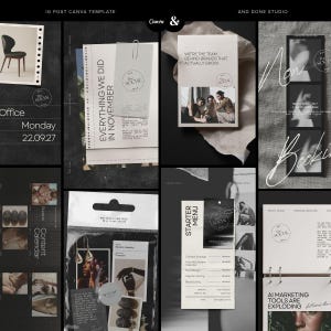 Puede incluir: Una colecci&oacute;n digital de plantillas de Canva para publicaciones de Instagram con una paleta de colores oscuros y neutros. El dise&ntilde;o incluye varios gr&aacute;ficos, bloques de texto y marcadores de posici&oacute;n fotogr&aacute;ficos con la marca The Social 2024.