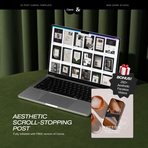 Puede incluir: Un port&aacute;til plateado que muestra una cuadr&iacute;cula de plantillas de Canva editables en su pantalla. Una peque&ntilde;a tarjeta en primer plano muestra un smartphone con un v&iacute;deo y el texto BONUS! 260+ Aesthetic Faceless Videos y FREEBIE Bundle Aesthetic Faceless Videos.