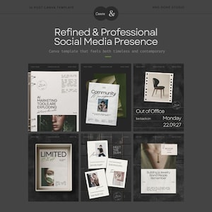 Puede incluir: Una colecci&oacute;n de plantillas digitales de Canva que presenta seis dise&ntilde;os distintos para publicaciones en redes sociales sobre un fondo gris oscuro. Los dise&ntilde;os incluyen encabezados de texto como Refined & Professional Social Media Presence, AI Marketing Tools Are Exploding, Community Management, Out of Office, Limited, Meet the Team y Building a Jewelry Brand People Remember.