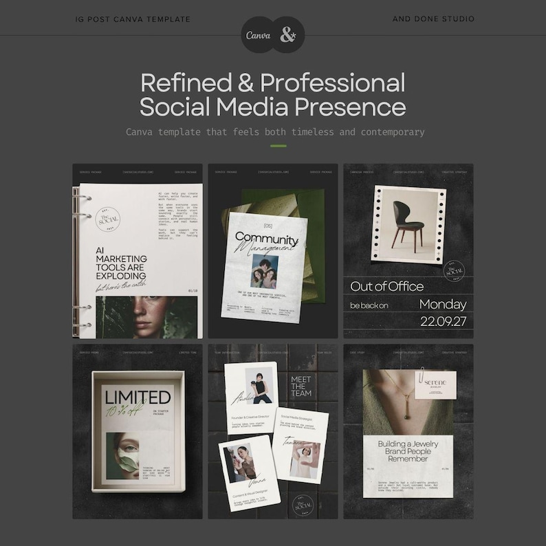 Puede incluir: Una colecci&oacute;n de plantillas digitales de Canva que presenta seis dise&ntilde;os distintos para publicaciones en redes sociales sobre un fondo gris oscuro. Los dise&ntilde;os incluyen encabezados de texto como Refined & Professional Social Media Presence, AI Marketing Tools Are Exploding, Community Management, Out of Office, Limited, Meet the Team y Building a Jewelry Brand People Remember.
