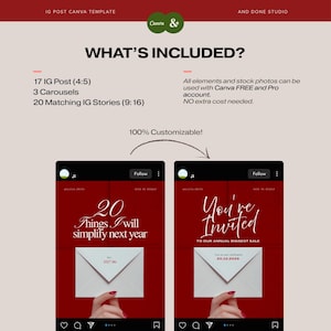 Puede incluir: Un conjunto de plantillas de Canva para Instagram que incluye 17 publicaciones, 3 carruseles y 20 historias. El dise&ntilde;o presenta fondos rojos con gr&aacute;ficos de sobres blancos y superposiciones de texto como 20 Things I will simplify next year.