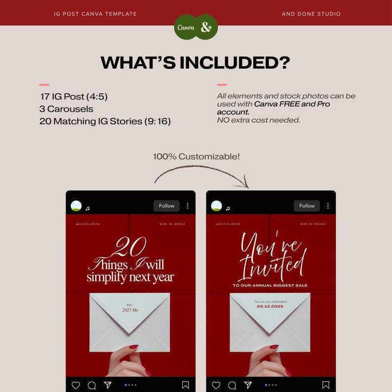Puede incluir: Un conjunto de plantillas de Canva para Instagram que incluye 17 publicaciones, 3 carruseles y 20 historias. El dise&ntilde;o presenta fondos rojos con gr&aacute;ficos de sobres blancos y superposiciones de texto como 20 Things I will simplify next year.