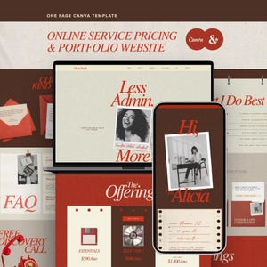 May include: A digital one-page Canva template for an online service pricing and portfolio website. The design features a laptop and smartphone displaying a layout with red and cream color schemes, serif typography, and polaroid-style photo frames.