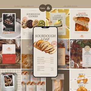 May include: A digital display of a Canva social media template collection for a bakery, featuring a central smartphone screen showing a sourdough loaf price list surrounded by various promotional graphics for cookies, focaccia, and bread products.