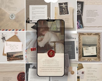 Puede incluir: Una plantilla digital de Canva para publicaciones de Instagram con un collage de papelería vintage, sellos de cera, cartas manuscritas y una pantalla central de smartphone que muestra una pintura con un sello de cera rojo.